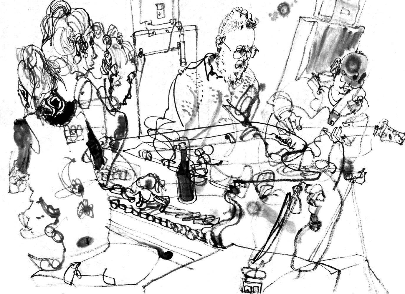 Ink drawing of three musicians - woman on actually two pianos, depicted three times + a man on electronics + another man on guitar and daxophone.
