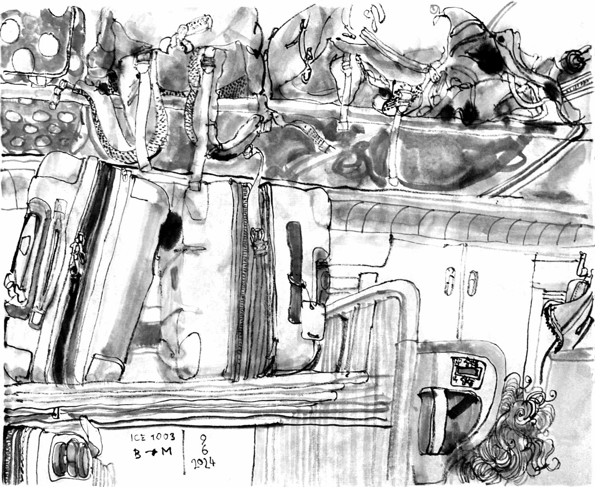 Ink drawing of a luggage rack in a train, loaded with backpacks and suitcases.