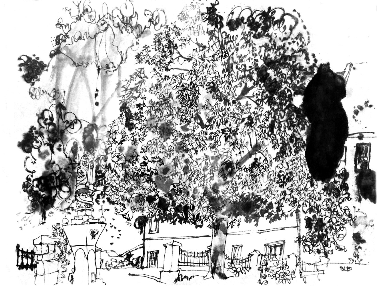 Ink drawing of a chesnut tree, a mother mary sculpture on the left of it, rocks behind and big ink blobs at the right.