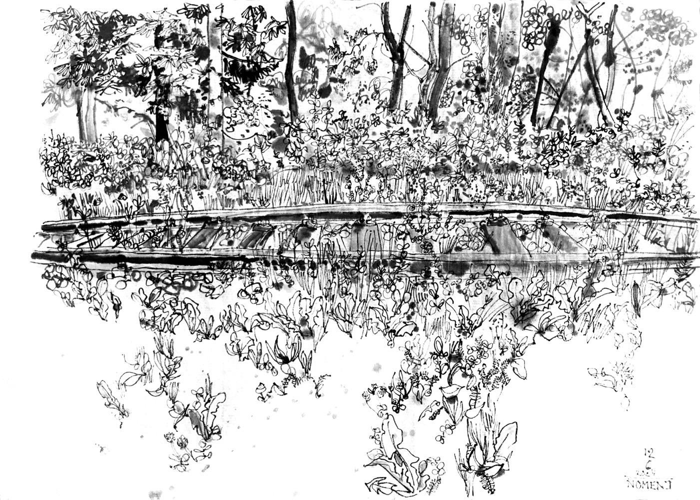 Ink drawing of single rails, trees etc. in the back.