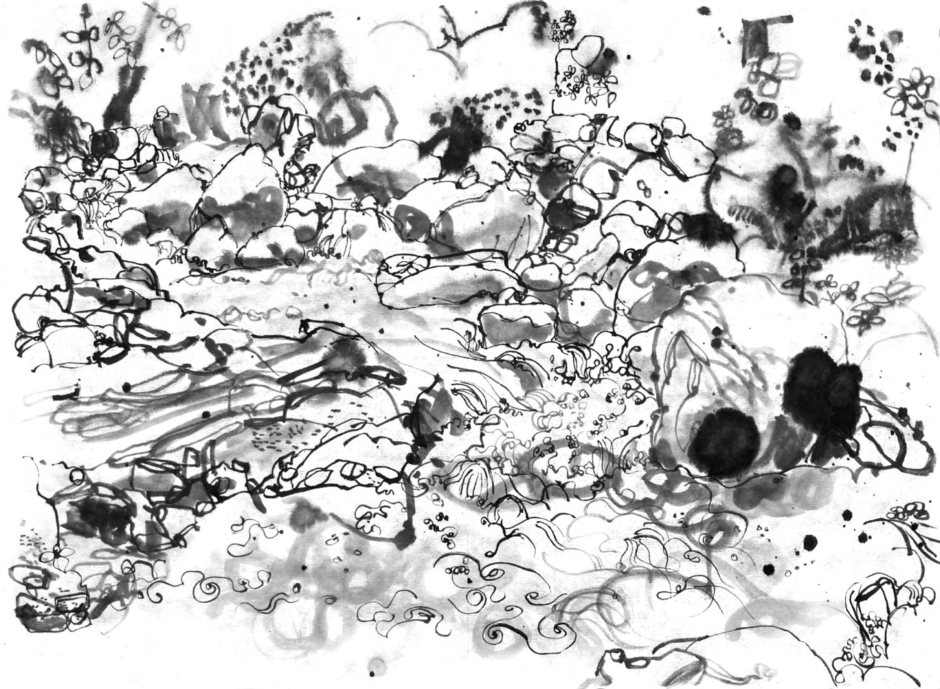 Ink drawing of water, wildly flowing between rocks.