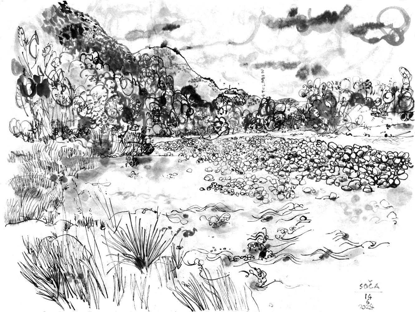 Ink drawing of a wide riverbed with pebles, Mountains in the back. Digger on the other bank.