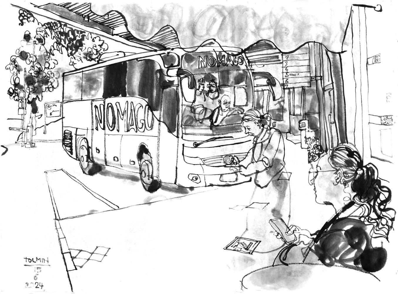 Ink drawing of a Busstation, Bus in center, travellers waiting and checking phones in front.