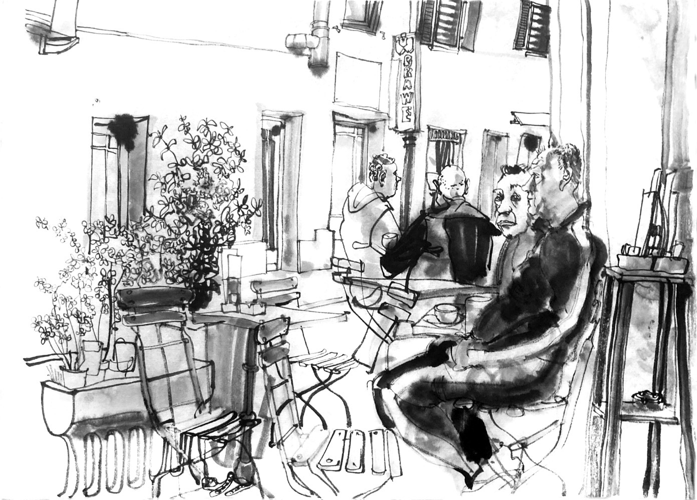 Ink drawing of guests in front of a café/bar
