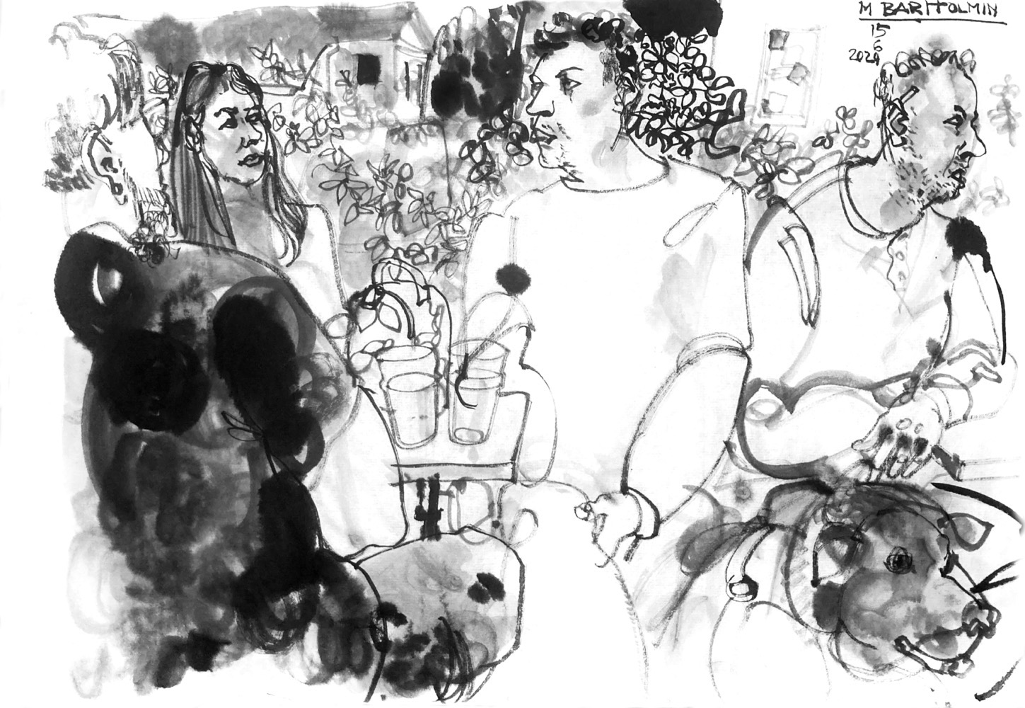Ink drawing of guests in front of a café/bar