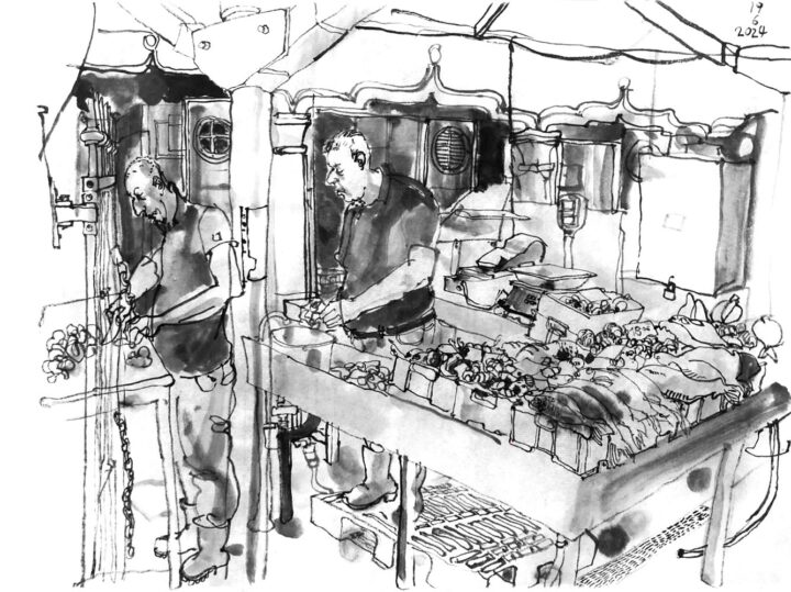 Ink drawing of two fishmongers, cleaning squids. One man on the left stands at atable to the wall, a, pile of squidsnin front, that he processes with a big knife.Another man at the fish stall is washing the squids in a bucket. To the right is the stall with diffrent kinds of seefood, crabs squids and fishes.