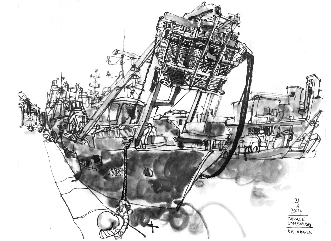 Ink drawing of a boat moored to the quay wall of a canal. Th boat, seen from the front, has a steel structure errected over the front, with some grid structure attached to it,