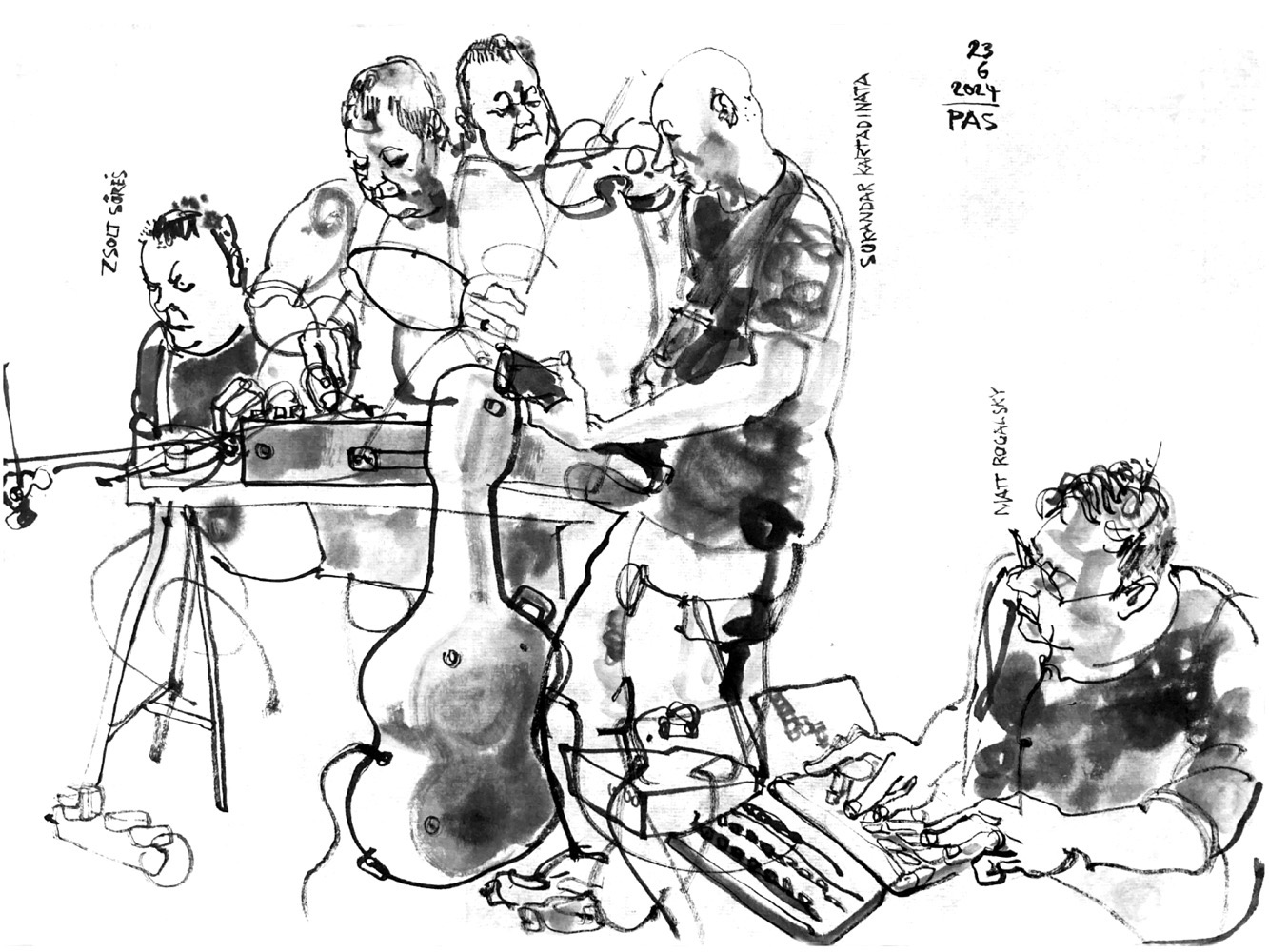 Ink drawing of three musicians, the violonist depicted three times.