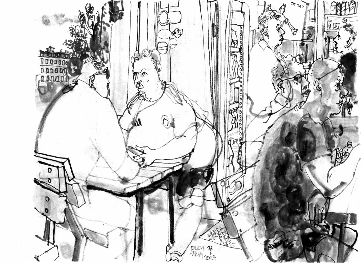 Ink drawing of guests in front of a take away, some view to the right (towards a not depicted TV). Inside the take away is another TV, a guest in front and a man from staff viewing towards is. On the TV a (Turkish) player is celebrating a goal.