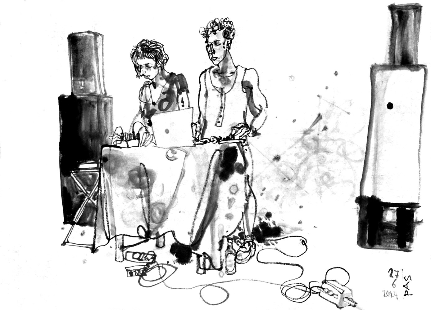 Ink draeing of two musicians, a woman and a man, standing at a desk with electronic devices between loudspeakers.