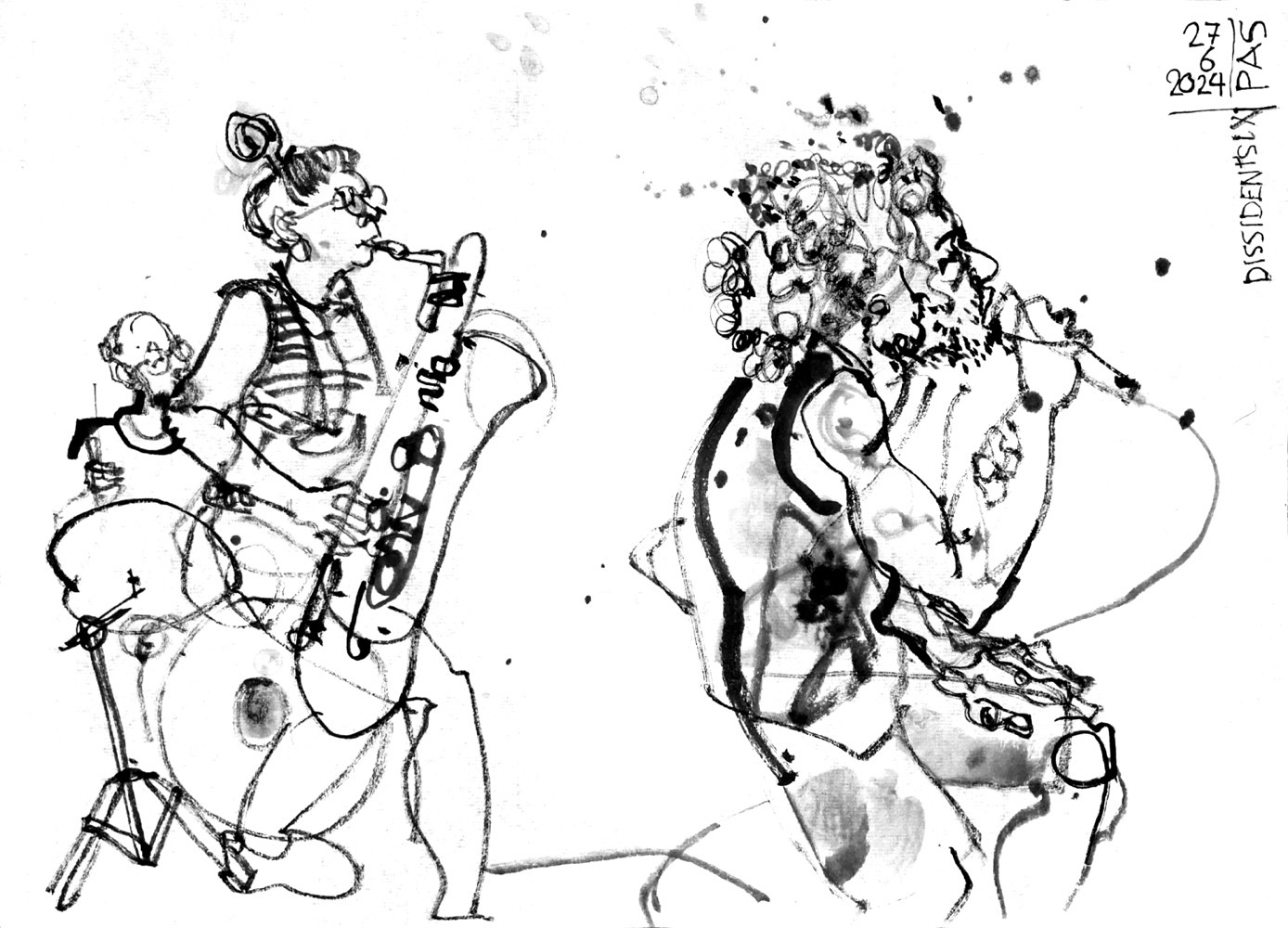 Ink drawing of three musicians, a male drummer, a woman on baritone saxophone and a male vocalist.