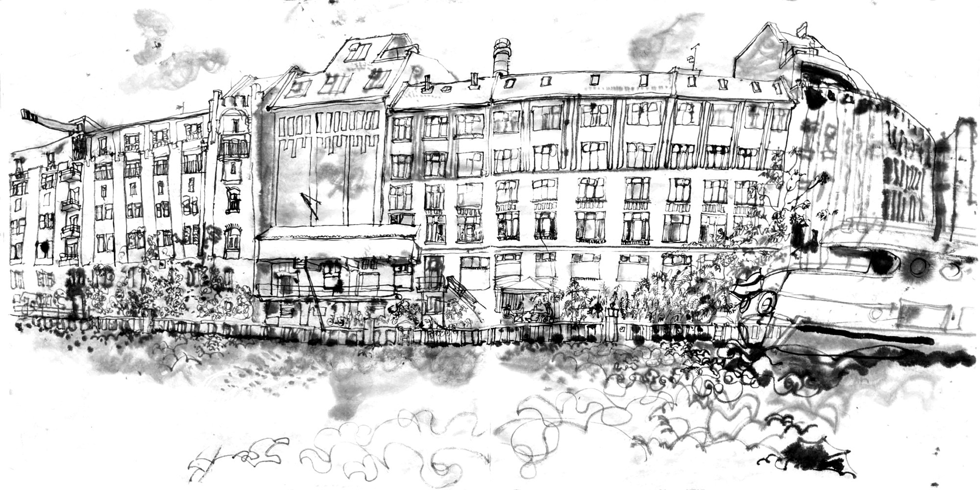 Ink drawing of an 19th century industrial building on a riverbank. On the bank is a little pavillion with for musicians playing. A ship is leaving the image to the right.