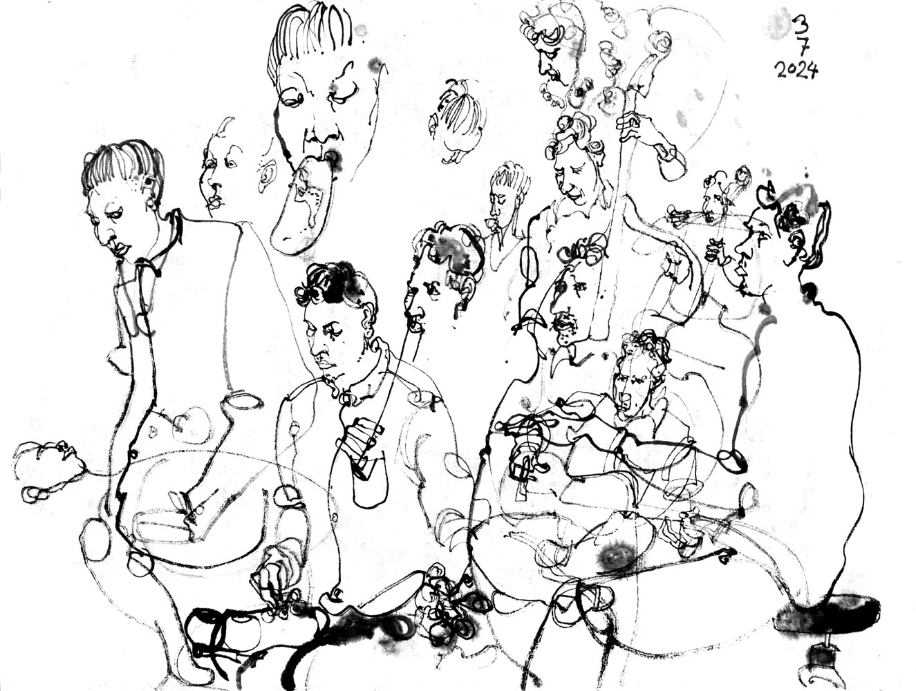 Drawing of three performers, two male musicians and a female dancer, all depicted multiple times.