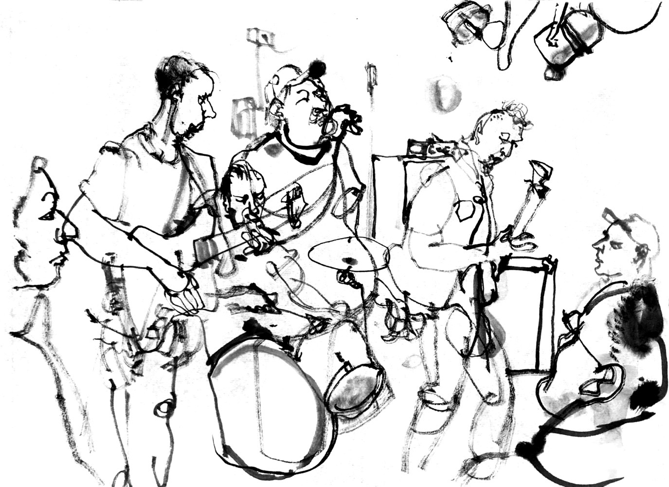 Ink drawing of four musicians, all men, guitar, drums, singer and base, and a few people as audience.