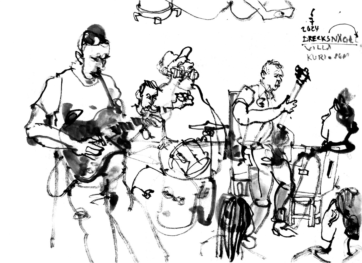 Another ink drawing of four musicians, all men, guitar, drums, singer and base, and a few people as audience.