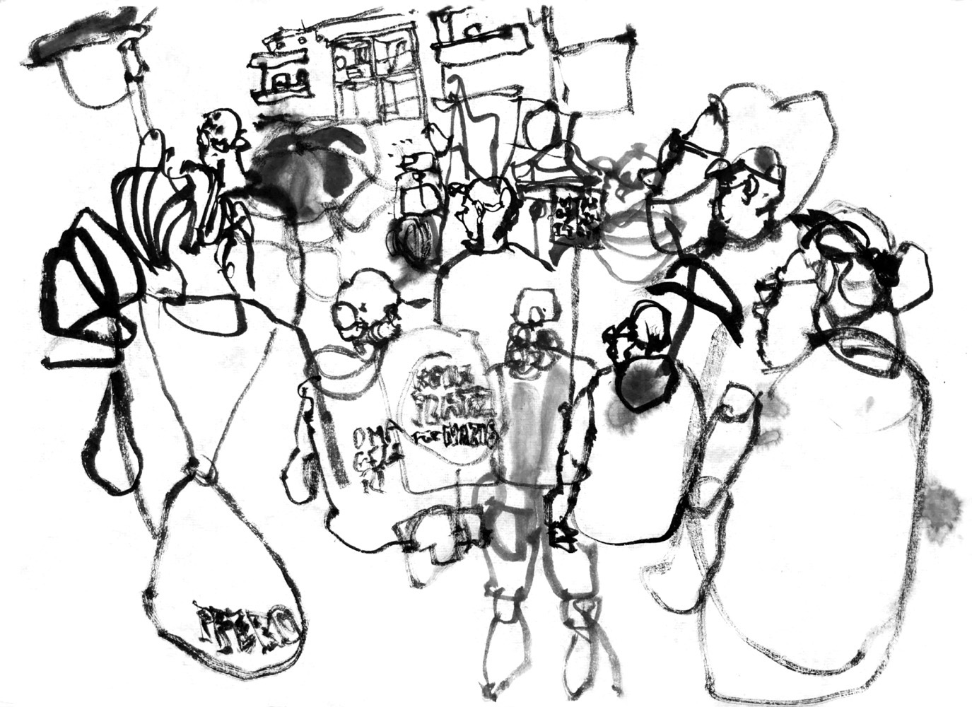 Scrawly ink drawing of a demonstration, walking, people seen from behind. One sign says ‘kein Platz für Nazis’, some modernist housing in the background.