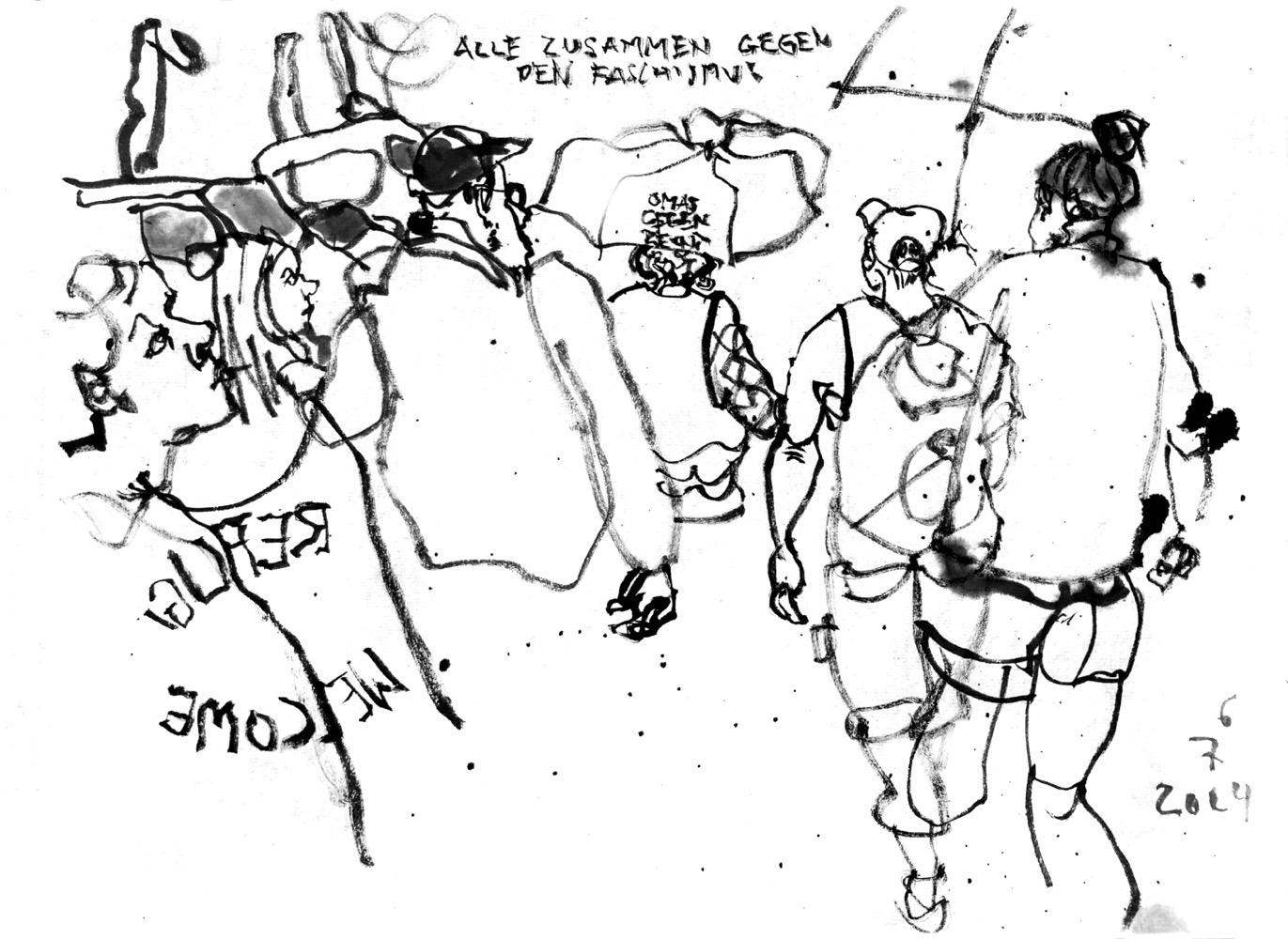 Scrawly ink drawing of a demonstration, walking. A banner with ‘Refugees Welcome’ on it is carried by a man and a woman, a woman has an umbrella, branded with ‘omas gegen rechtsk, the slogam ‘alle zusammen! Gegen den Faschismus’ is written on the top of the picture.