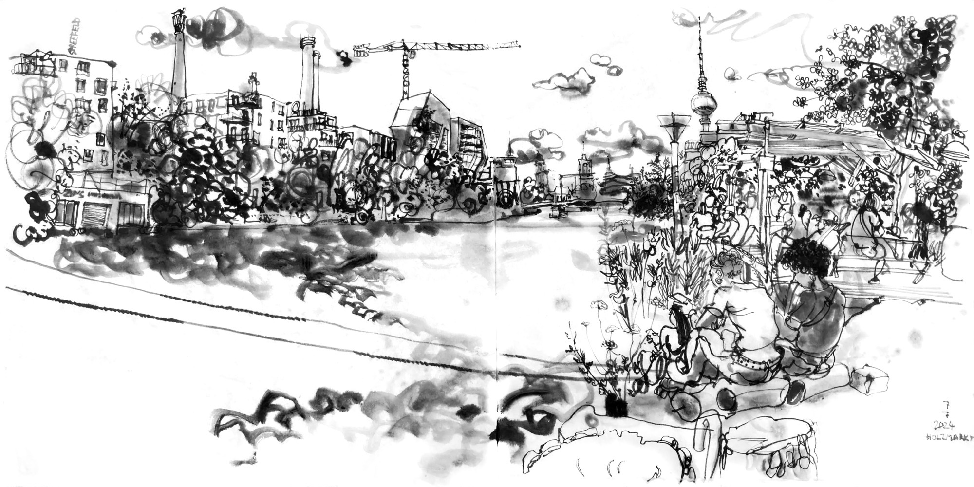 Ink drawing from a riverbank, viewing down the river towards a distance bridge, berlin tv-tower right of it. People sitting on the (near) right bank, two women in front, sitting on logs, viewed from the back. On the opposite bank is multi-store housing behind trees, left from the bridge a real estate development under construction.