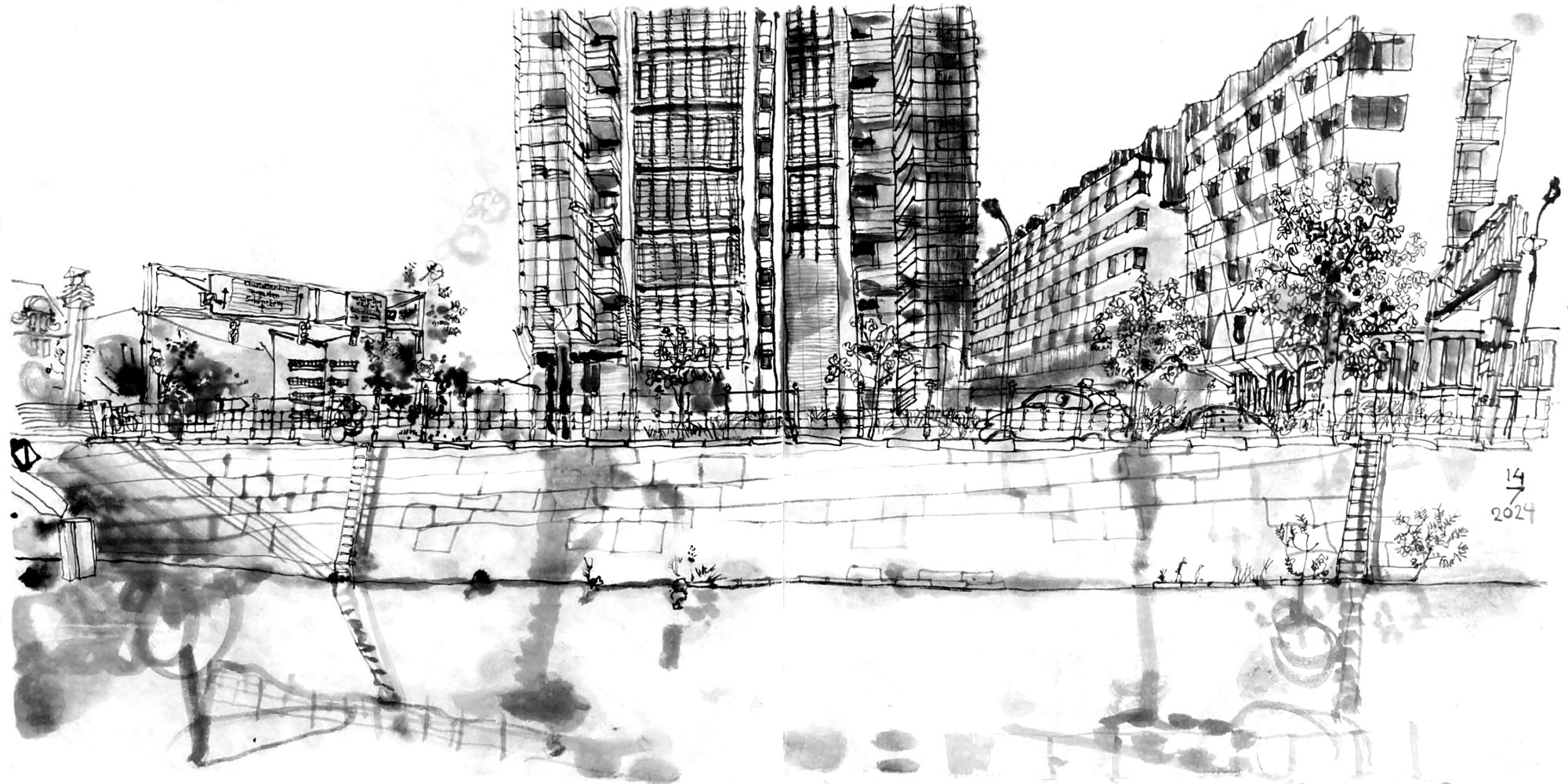 Ink drawing of a canal, the opposite bank wall runs horizontally through the image, lower part of a high rise building in the middle above, another office building right of it. Traffic signs mark the road between canal and building. On the bank wall, two laddrs run down to the canal. At the very left of the image the beginning of a bridge is reflected by the canal water, so are the ladders and the railing on top of the wall.