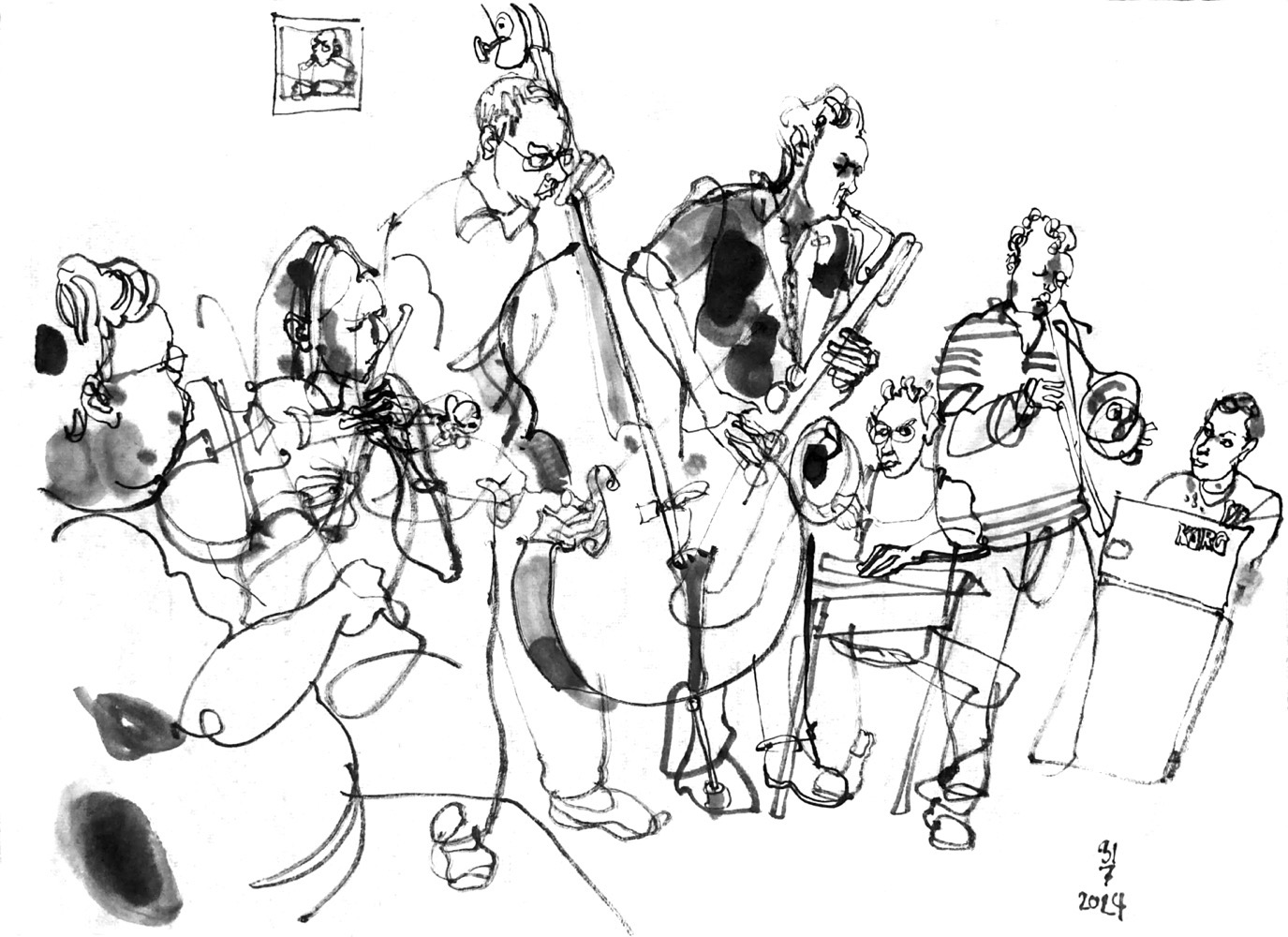 Ink drawing of an ensemble of seven musicians.