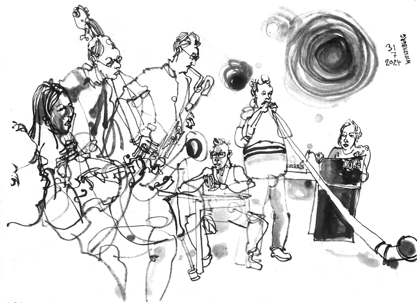 Ink drawing of an ensemble of seven musicians.