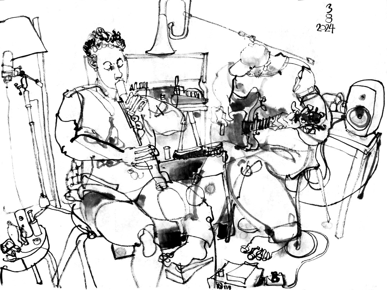 Ink drawing of a woman, playing flute, and a man, playing electric guitar, both sitting on chairs in a space, cramped with equipment.