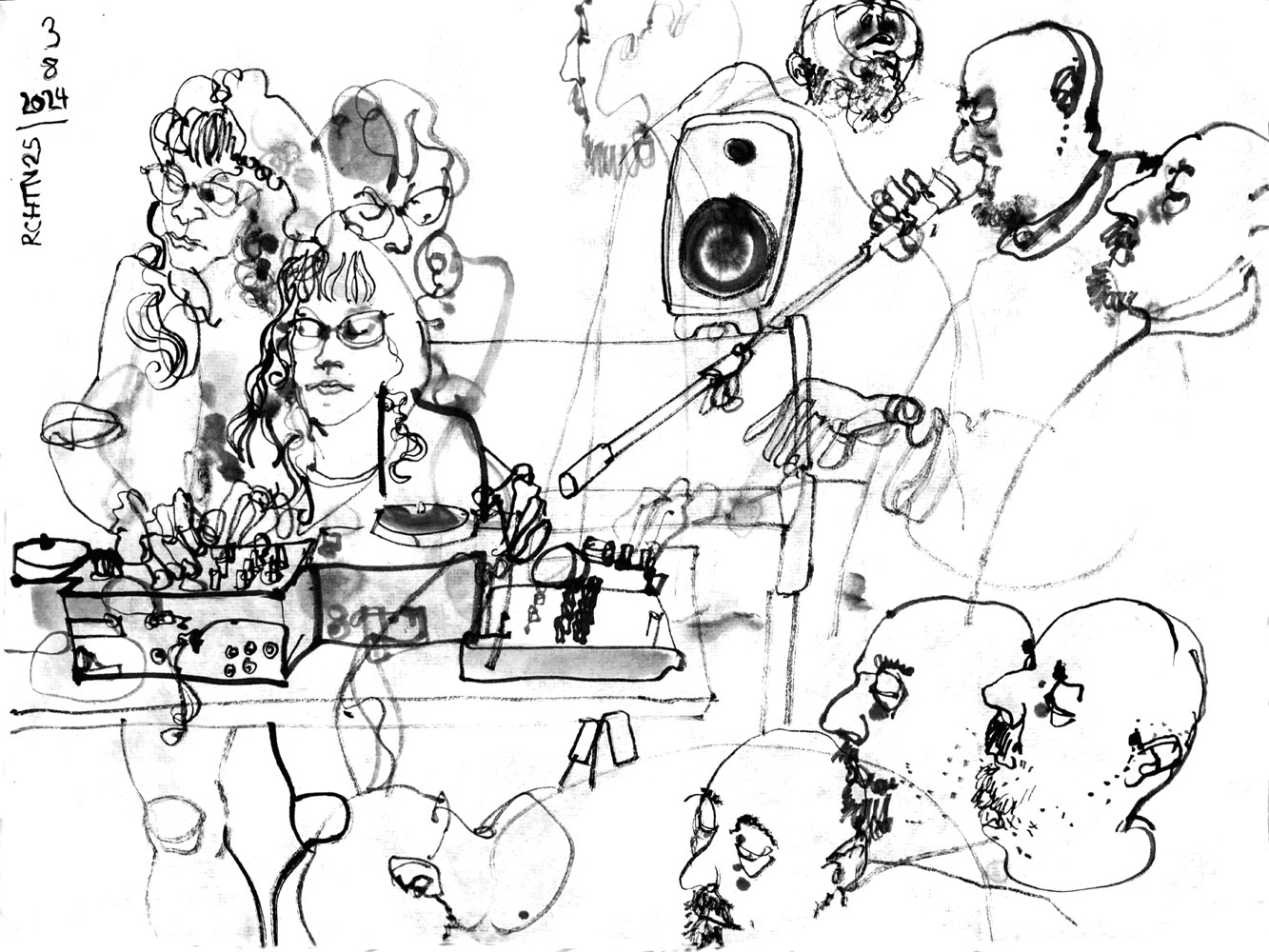 Ink drawing of a woman behind a desk with turntables, depicted three times, and a man, doing vocal and bodily performance, depicted eight times.