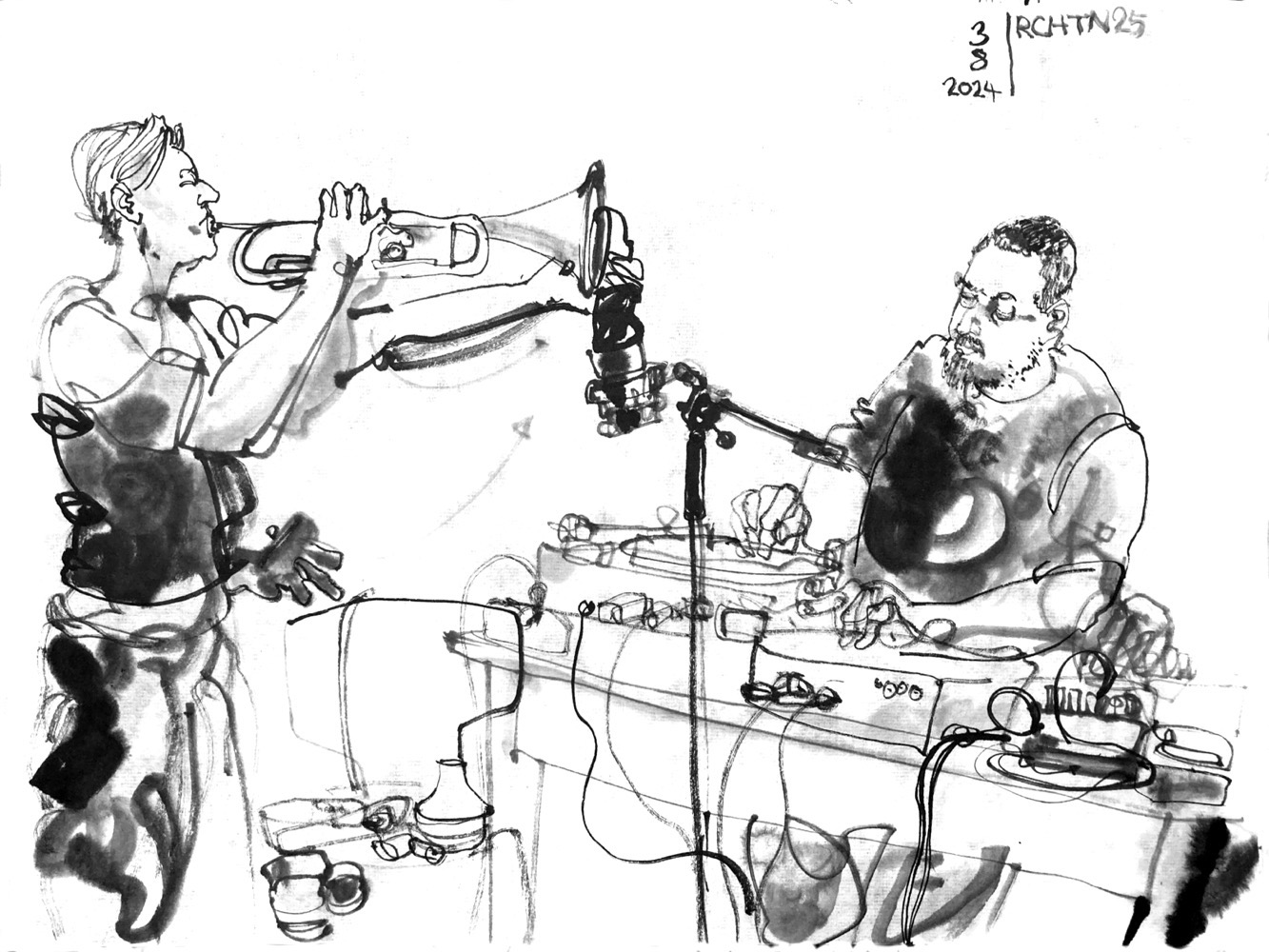 Ink drawing of a woman, playing trumpet, and a man, sitting behind a desk with turntables.