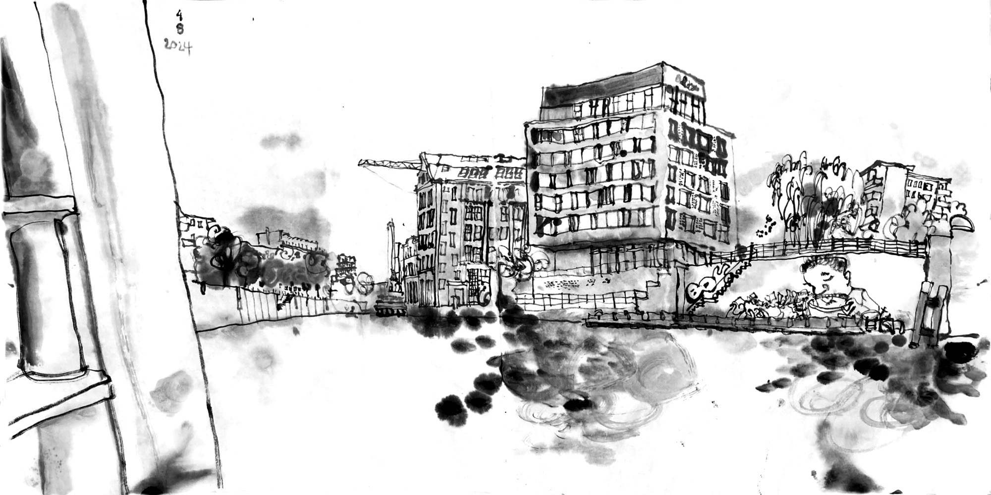 Ink drawing of a river, left part of a bollard in the foregrounds, aside of it the more distant left bank, houses in the middele and the embankment wall with a graffiti on it at the right. Dark reflections in the water.