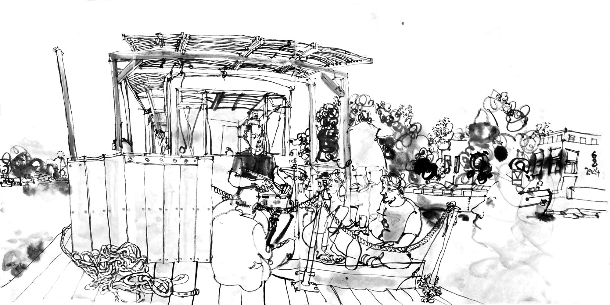 Ink drawing of a concert on a houseboat. A man is playing drums in front of a cabin, that is situated on a ponton.Audience is sitting un the planks of the ponton, one man is depicted twice, looking to the bays bank and speaking on the phone, and sitting and listening. To the right and left the banks, with trees on it, are visible, some modern apartment  houses on the closer bank at the right of the boat.