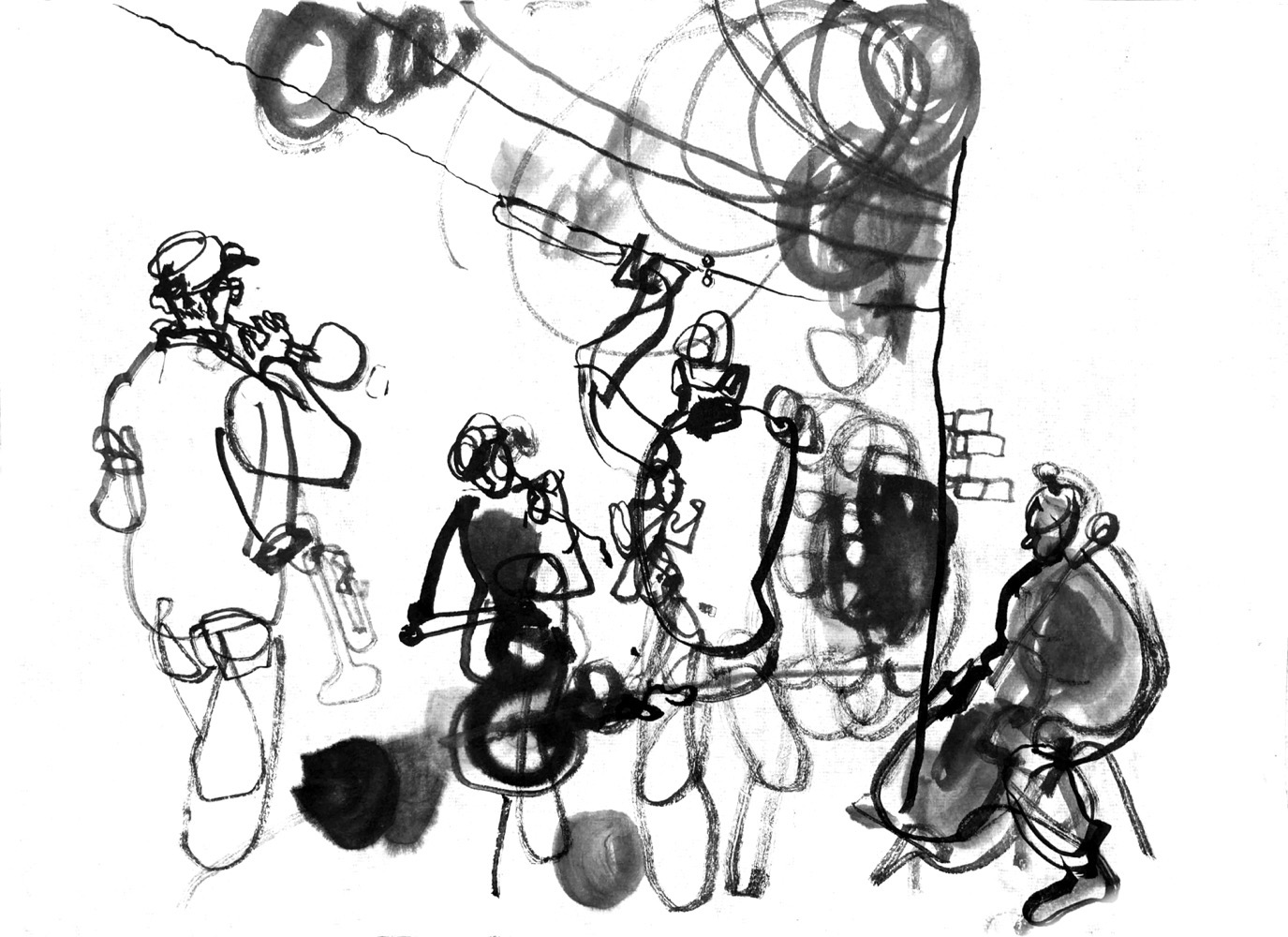 Scrawly ink drawing of musicians and dancers.