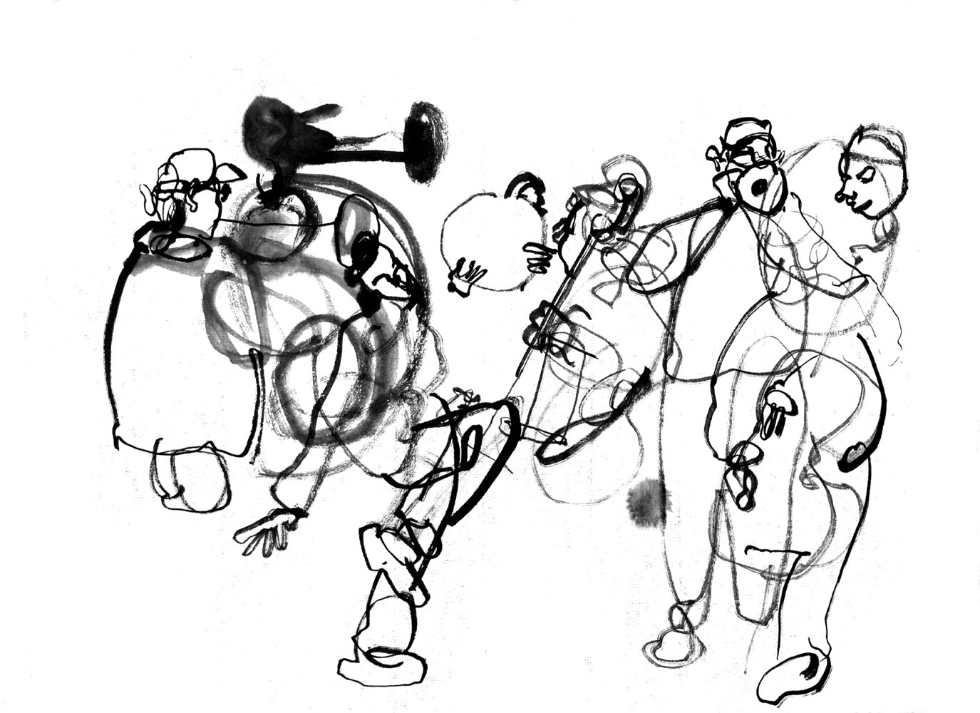 Scrawly ink drawing of musicians and dancers.