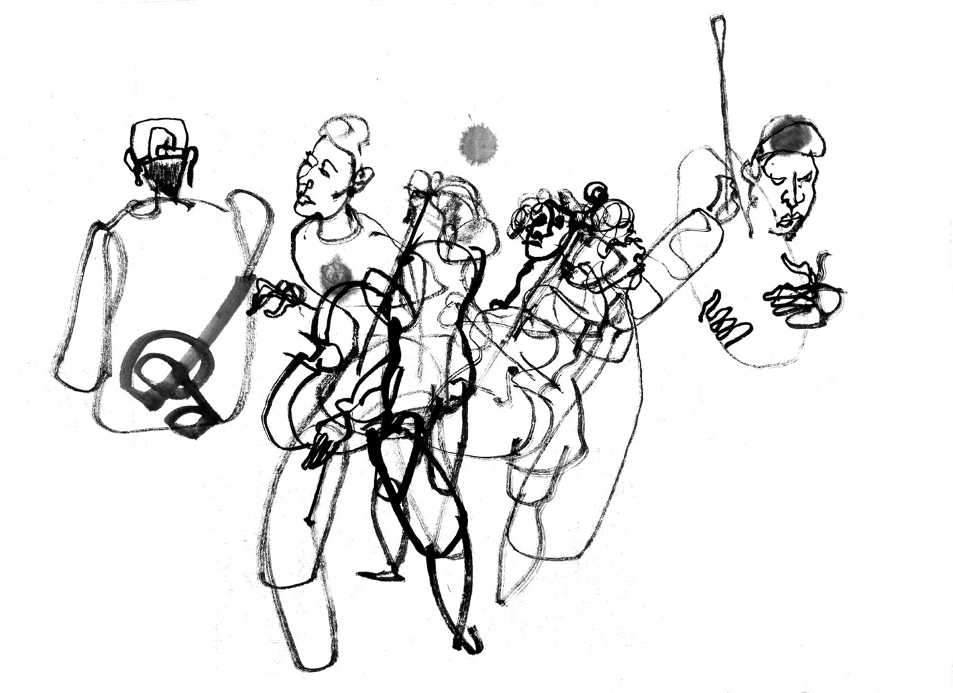 Scrawly ink drawing of musicians and dancers.