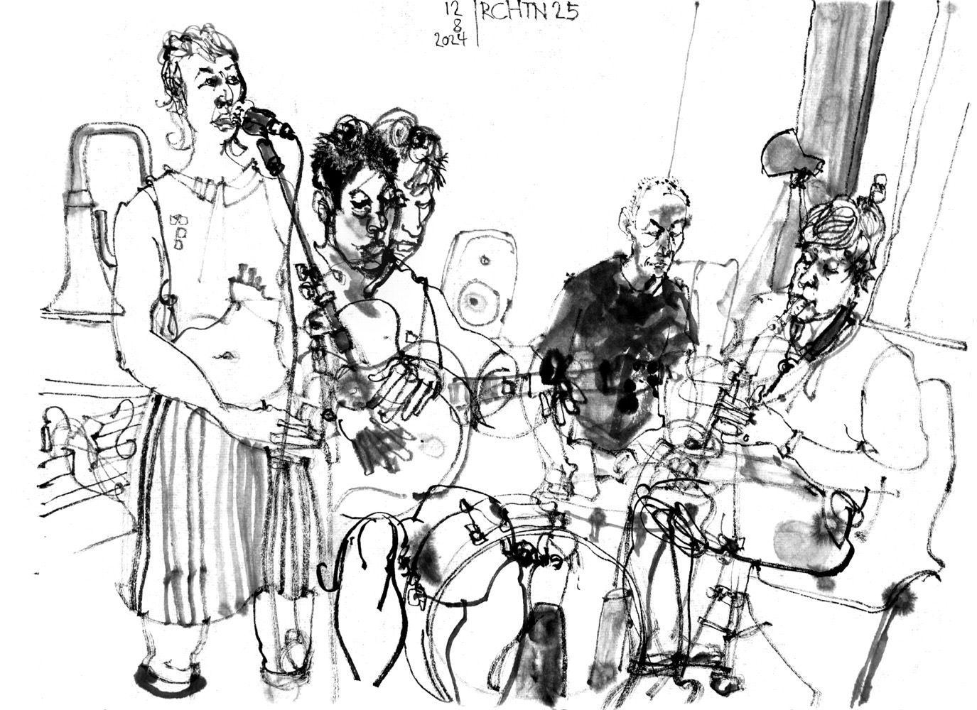 Ink drawing of four musicians.