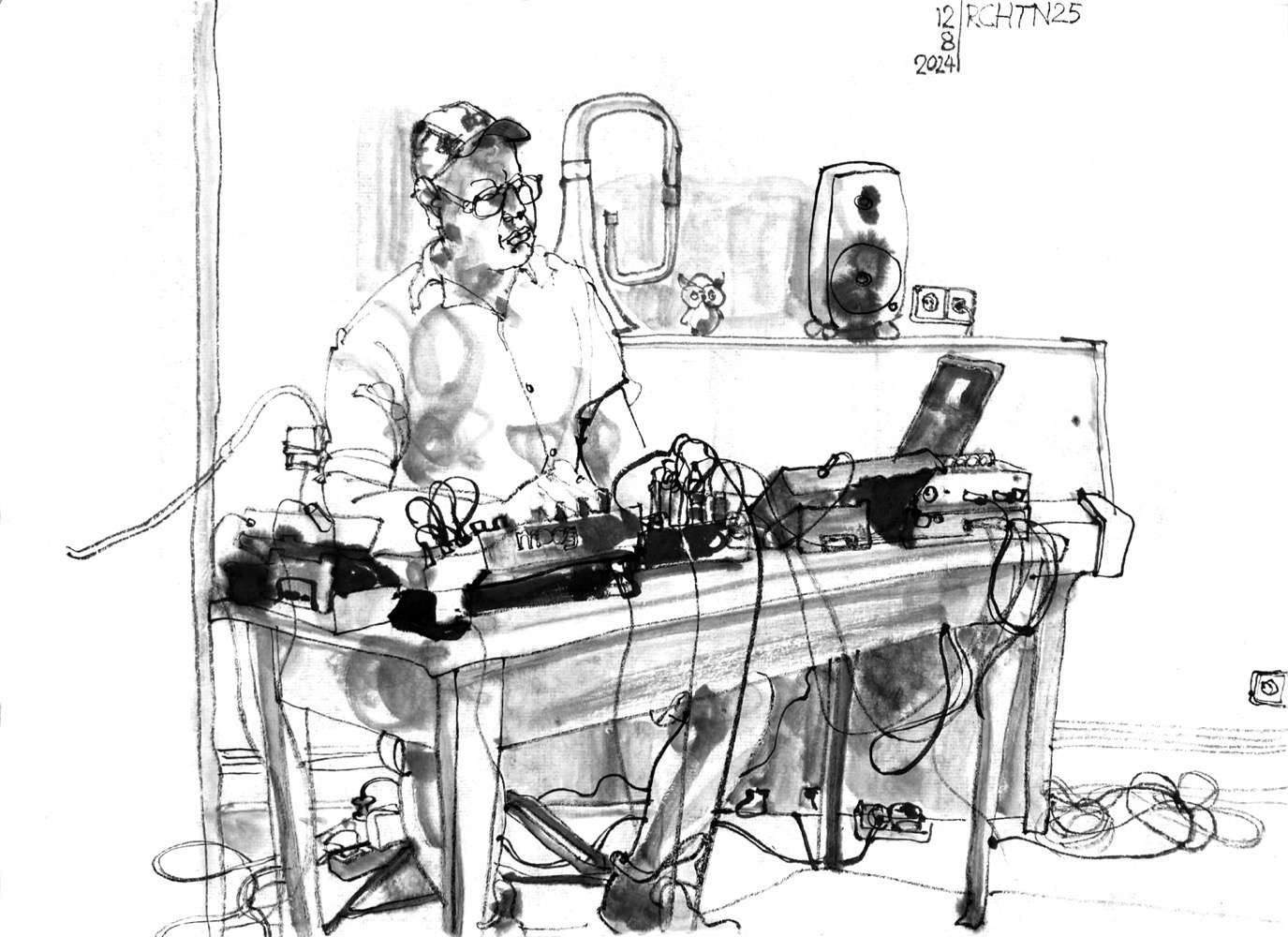 Ink drawing of a musician, sitting at a desk witn devices with lots of plugs and cables.