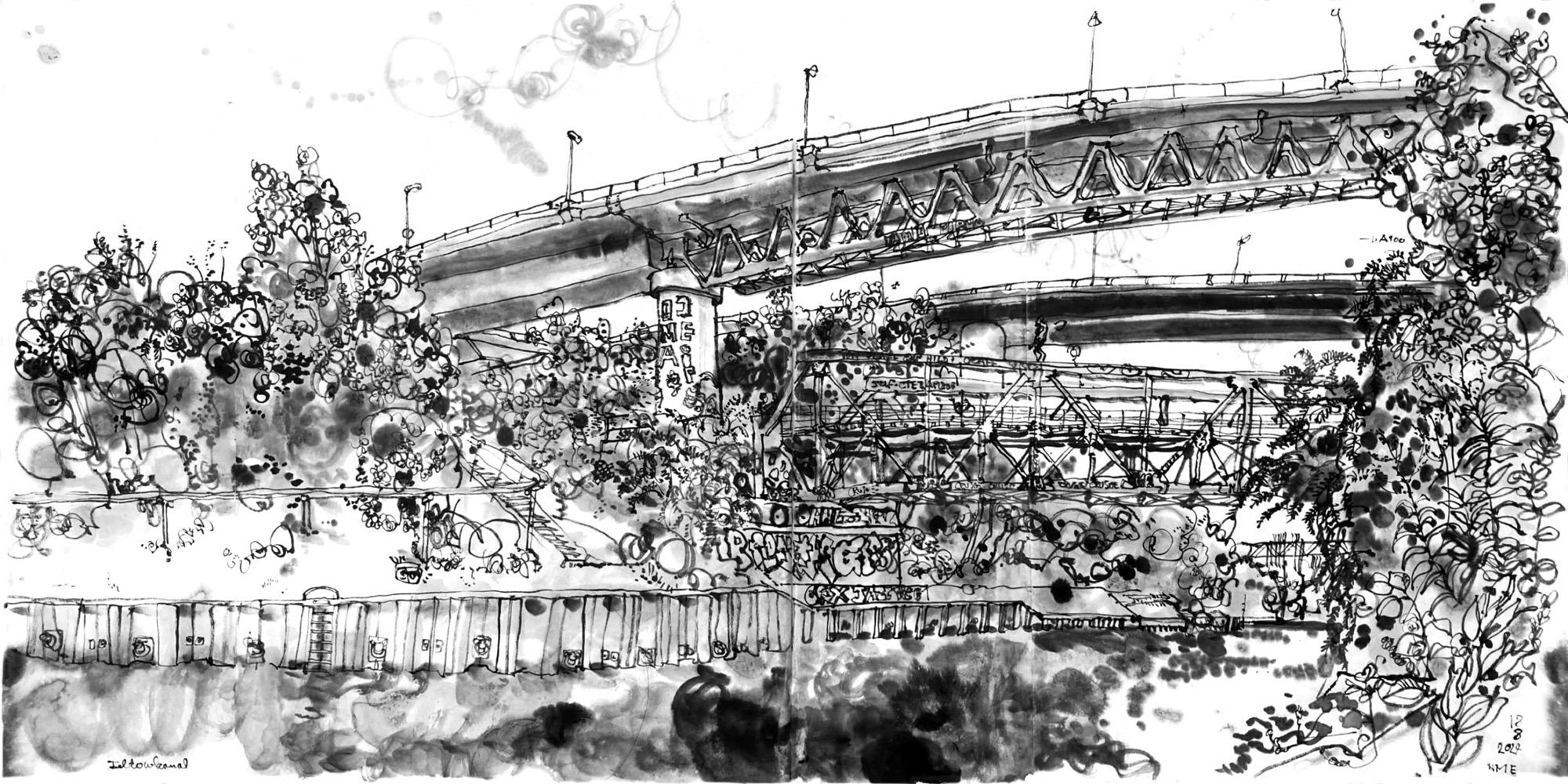 Ink drawing of three bridges crossing a canal, to roadbridges with concrete driveways, and an iron railway bridge.