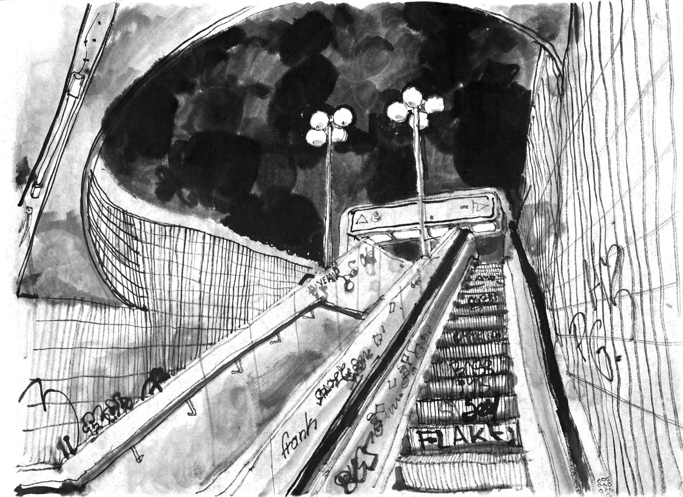 Ink drawing of stairways from an underground passage, an escalator (with graffiti on the steps) in the forground, metal walls left of it, a railing of stairs visible at the left one. Between the stairs ar two lmposts, with four spheres as lamps each, in front of the black night sky. At the end of the stairs is a gate shaped structure with signs at the front and rectangular lamps on the low side. The stairs are between walls with tiles, bits of the ceiling with a half circular side for the satirs above.