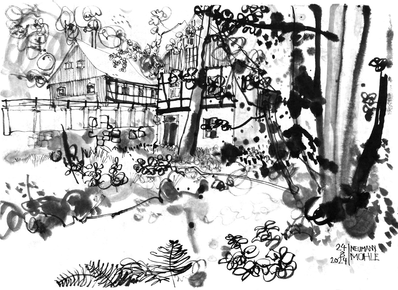 Ink drawing of two historical houses  in a forest, both have a framework store above the groundfloor with stone walls and an attic on top. A small river is in front of the image and a wall of a road between them.