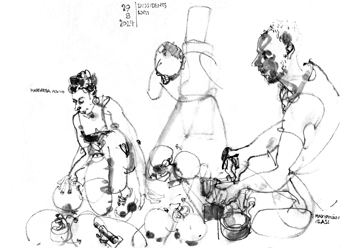 Ink drawing of two musiscians, a woman manipulating devices with baloons attached to it and a man at a desk with an electronic device (depicted another time taking care of mics between the baloon things)