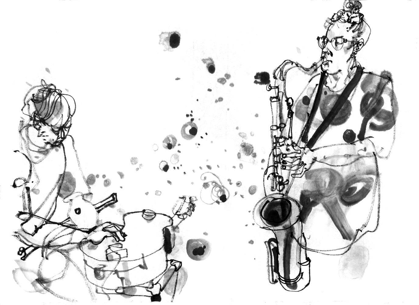 Ink drawing of two musicians, on a left a man with a acoustic guitar, that is lying on an amplifier, right a woman playing a saxophone.