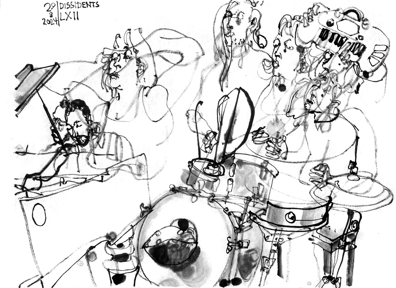 Ink drawing of three musicians, a man playing pianos, another man on drums and a woman, voice acting and performing on a toy keyboard - all musicians depicted multiple times and overlaying.