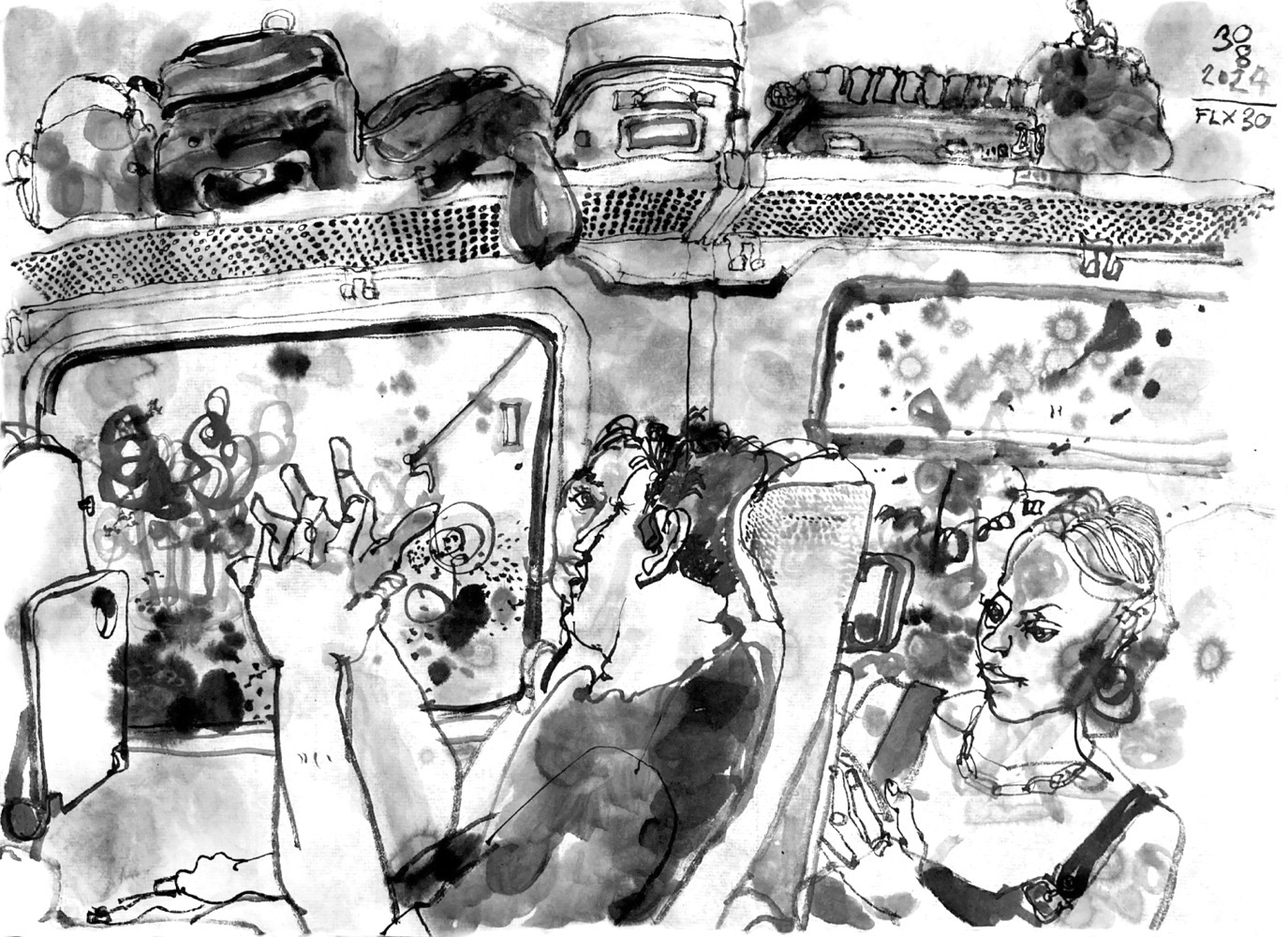 Ink drawing of passengers in a train.