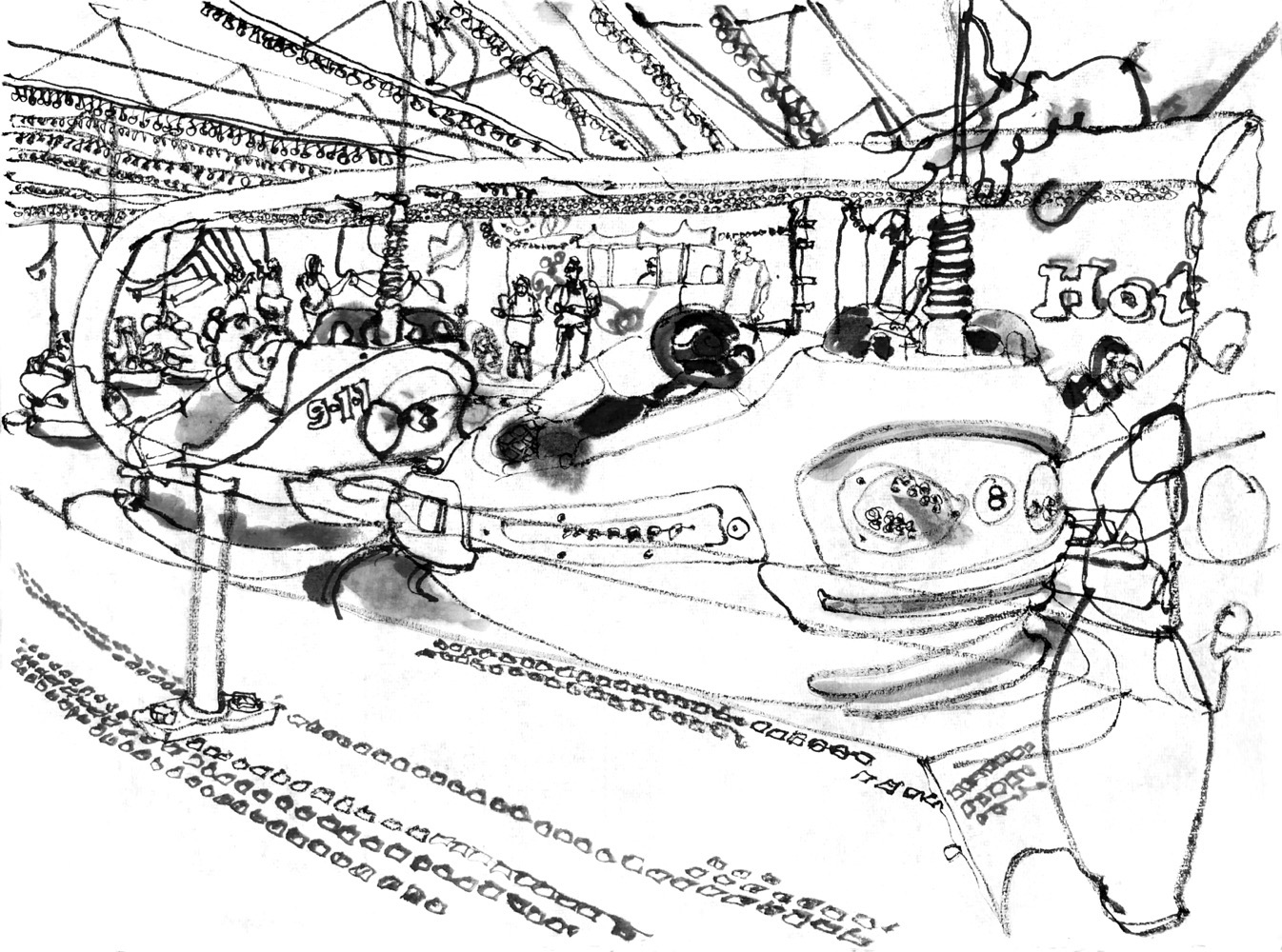 Ink drawing of bumper cars on a fun fair.