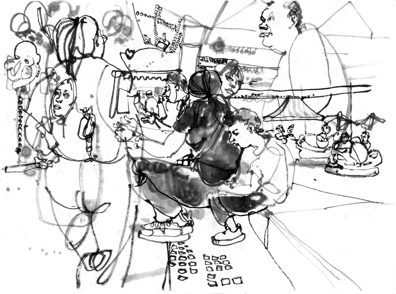 Ink drawing of people, sitting on the stairs of the plateau for the bumper car driving range.