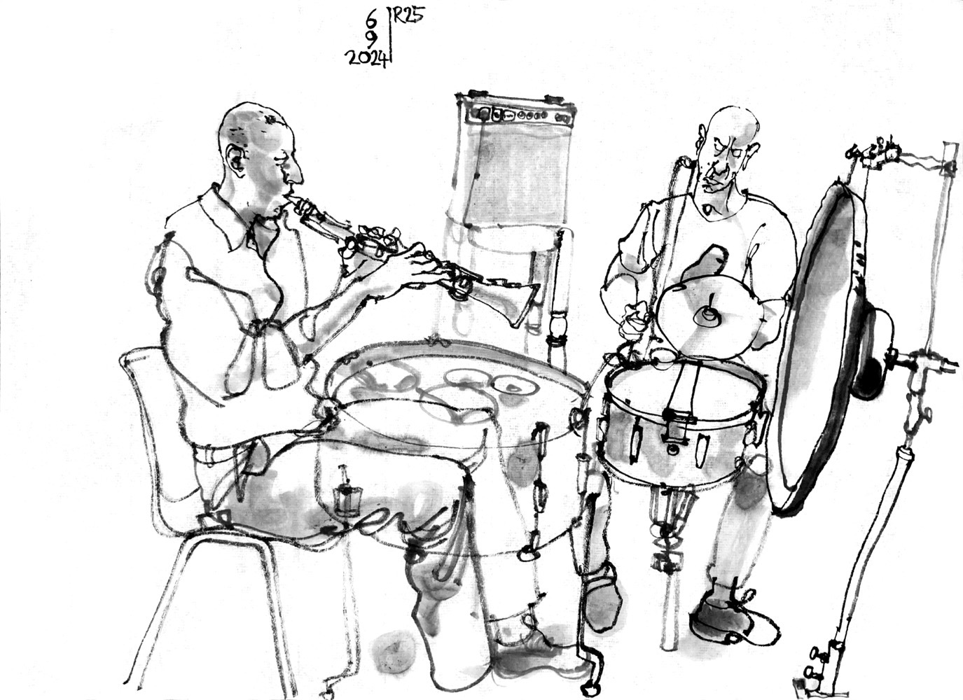 Ink drawing of two musicians: a man playing saxophone and another man on percussion.