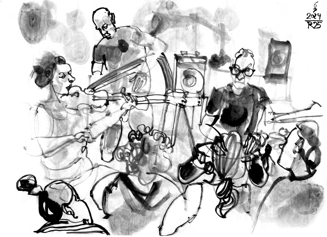 Inkdrawing of three musicians: a woman playing violin, a man at a harp and another man on percussion, + some audience.