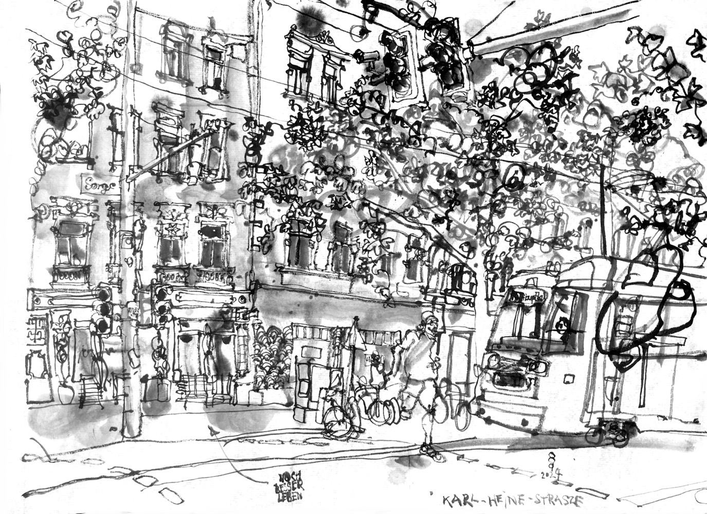 Ink drawing of a street, a pedestrian crossing with traffic lights in front, a man crossing it and a tram approaching from the right. There are 19th century flat houses on the other side, gastronomy in the ground stores (currently closed) and trees between pavement and driveway, and masts supporting the tram electrification between that trees.