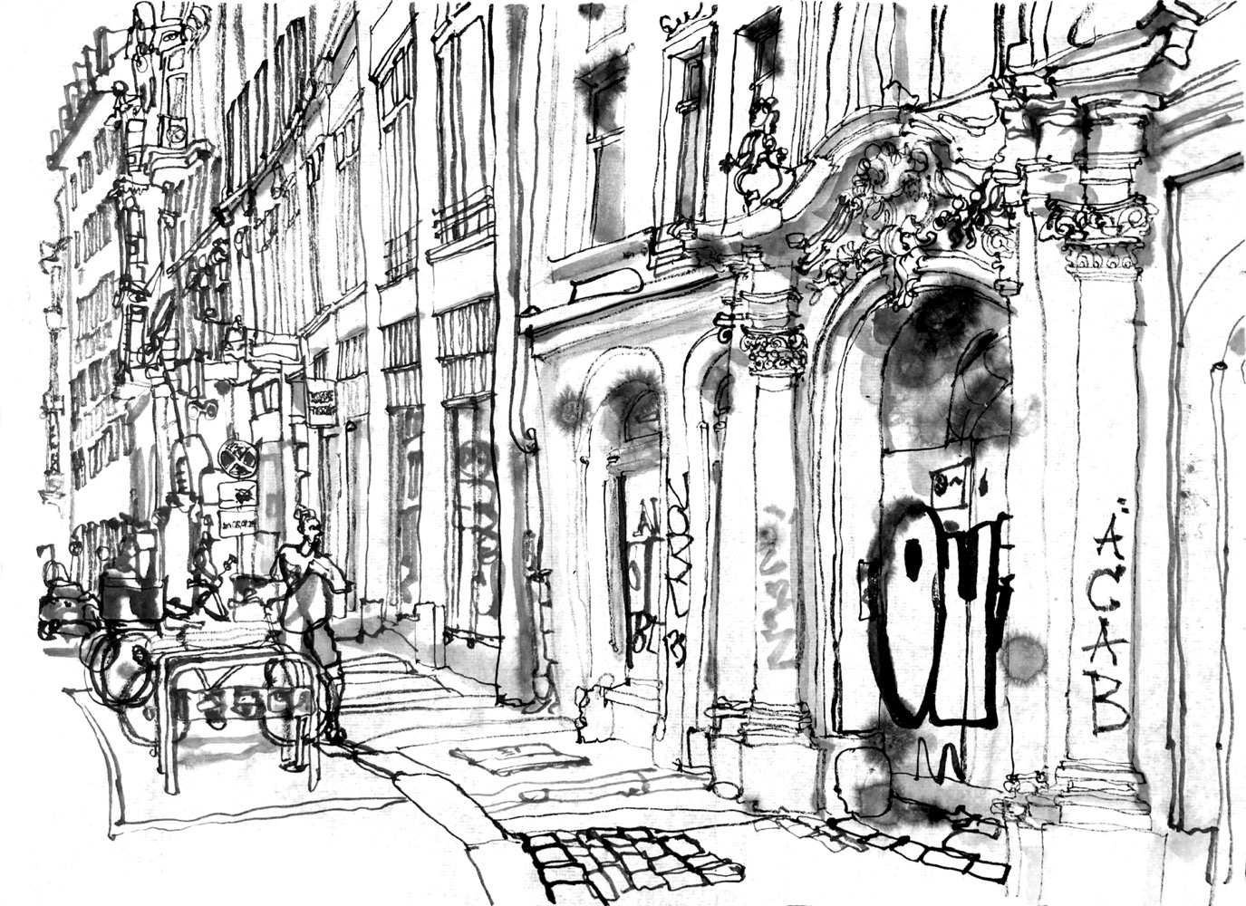 Ink drawing of a row of house facades at the side of the pavement, baroque gateway (with graffiti)  in front right, cleaner and newer (19th - 20th century) heouses left of it. Some biycles and pedestrians.