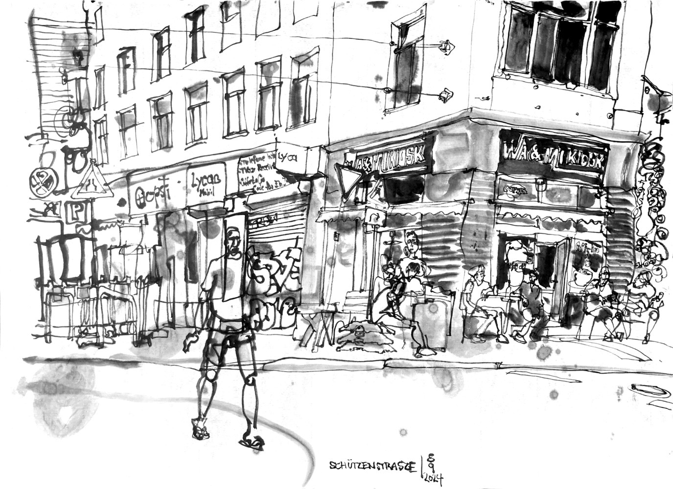 Ink drawing of a street corner, bar/cafe in the ground floor at the corner, people sitting in front. Left of it more stores with signages (and a few graffiti), builsind site and traffic signs in front. A man crosses the street towards me.