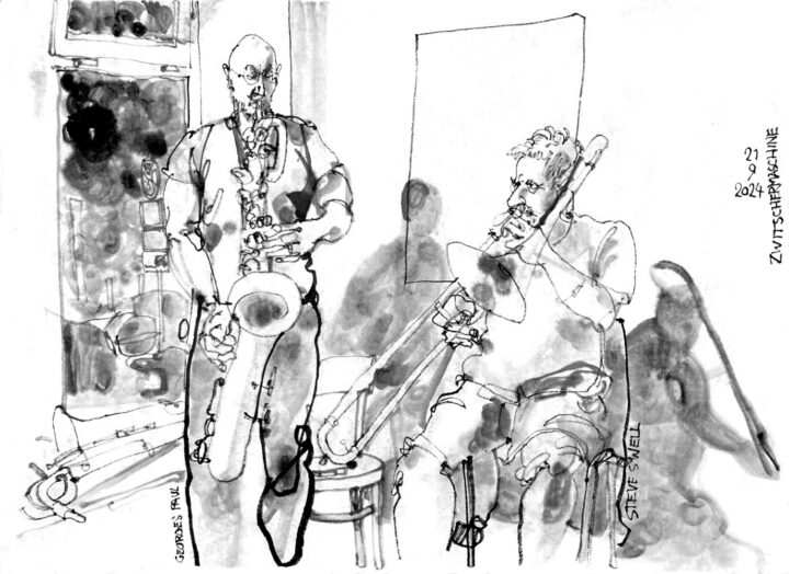 Ink drawing of two musicians, a man playing saxophone and another man playing trombone.